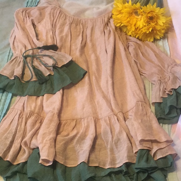 NUDE GREEN FLOWY COLD SHOULDER RUFFLED LINED DRESS - Picture 6 of 8